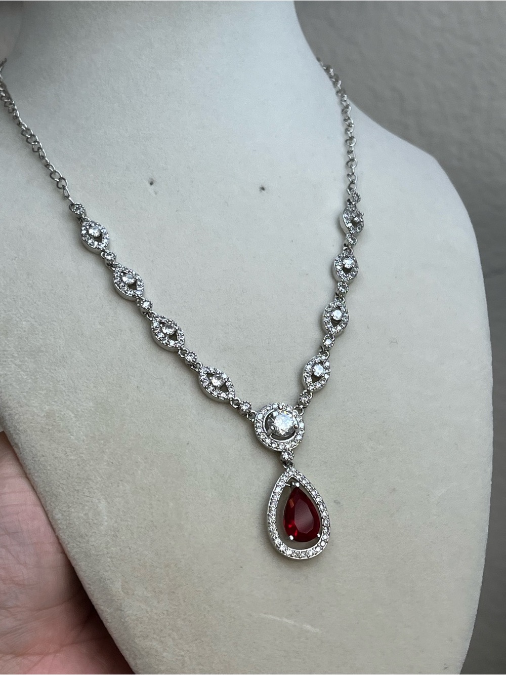 Red Crystal Rhinestone Pendant Modern Silver Tone 18โ Formal Necklace